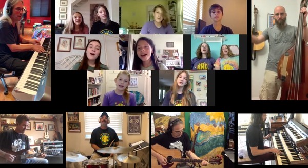 Composite video still of Barton Hills Choir singers and musicians performing remotely for the 2020 virtual ACL Festival